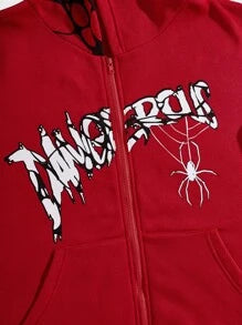 ROMWE Grunge Punk  Letter & Spider Printed Zipper Front Hooded Sweatshirt With Long Sleeves