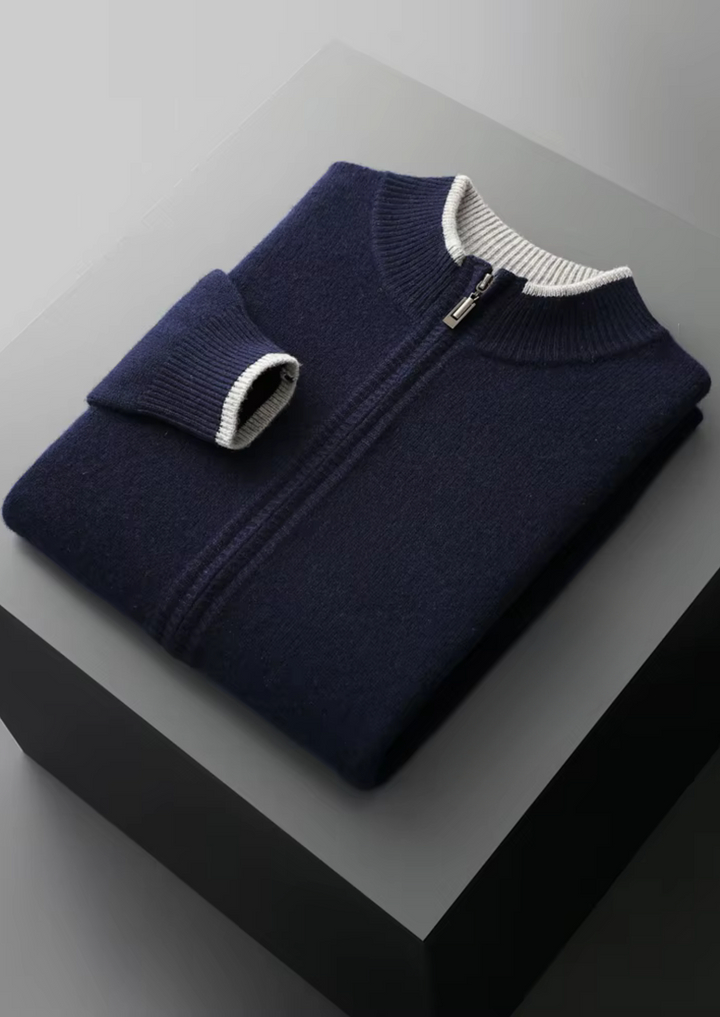 Pure Extra-Fine Merino Wool Two-Tone Zip Cardigan
