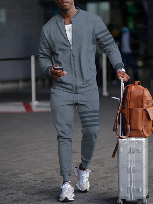 Men's Fashion Casual Geometric Print Zipper Jacket Set