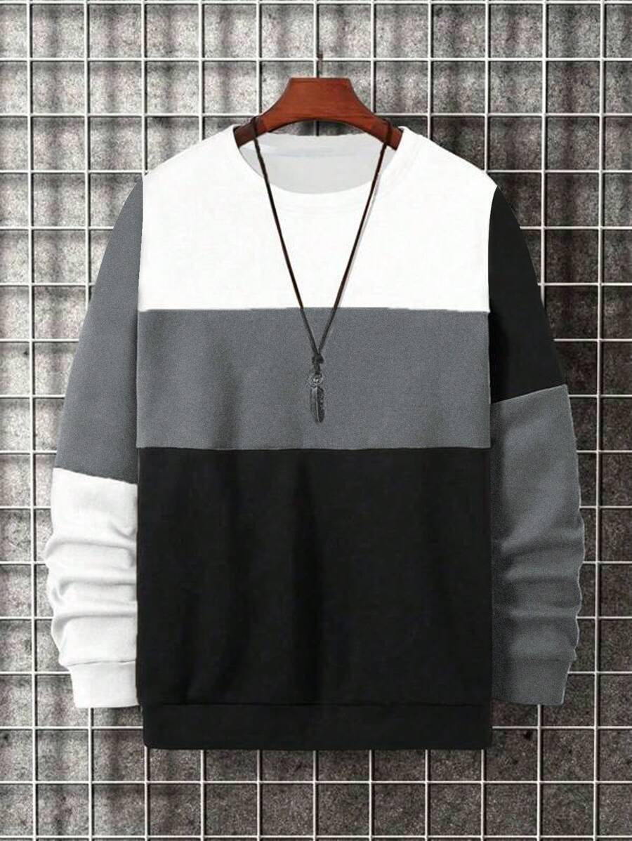 Homme  Plus Size Round Neck Color Block Sweatshirt