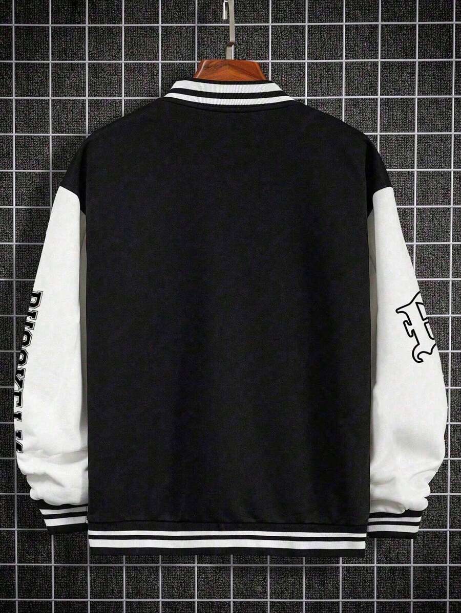 Sporsity  Letter &amp; Striped Print Baseball Jacket - DUVAL