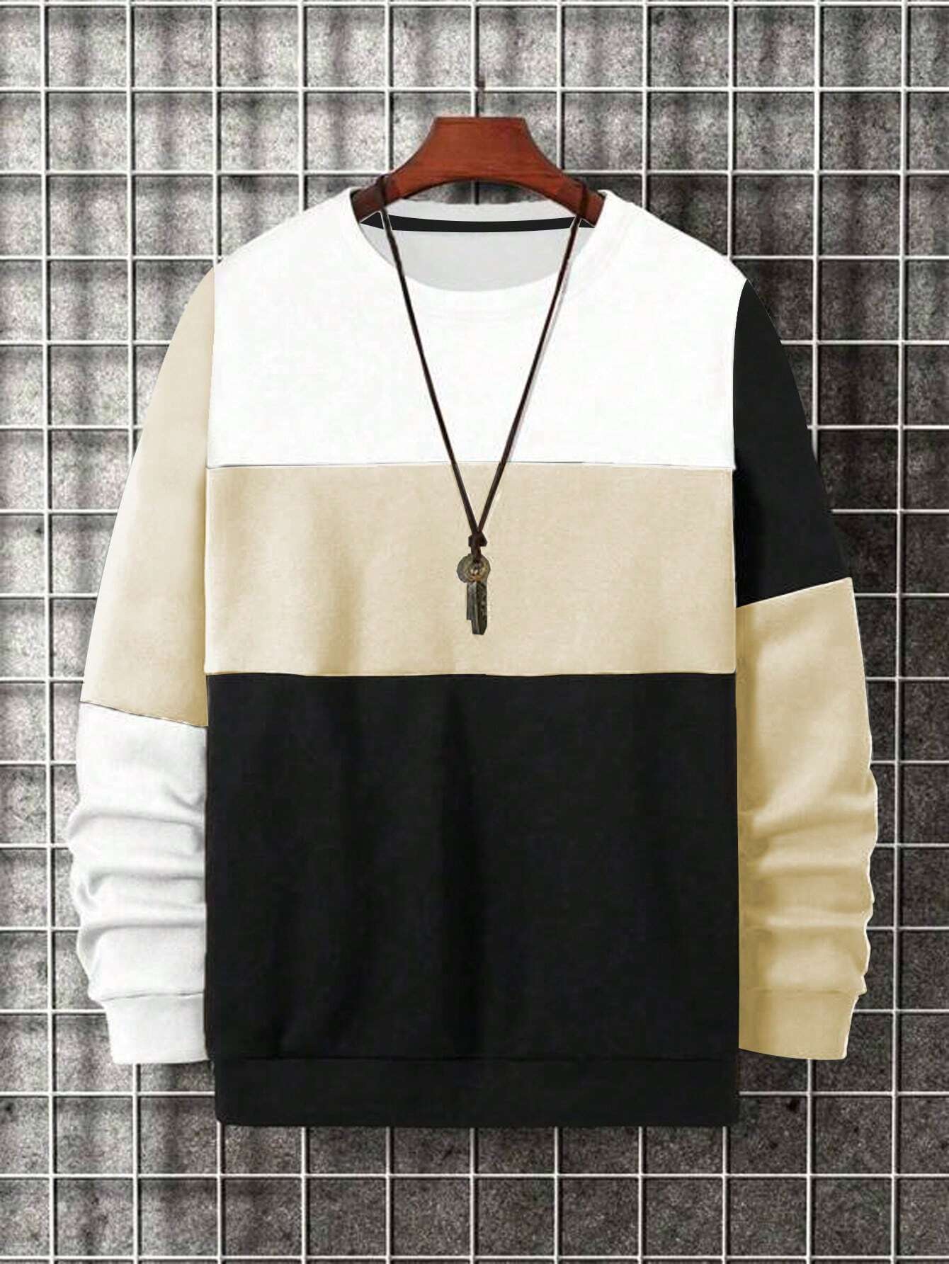 Homme  Plus Size Round Neck Color Block Sweatshirt