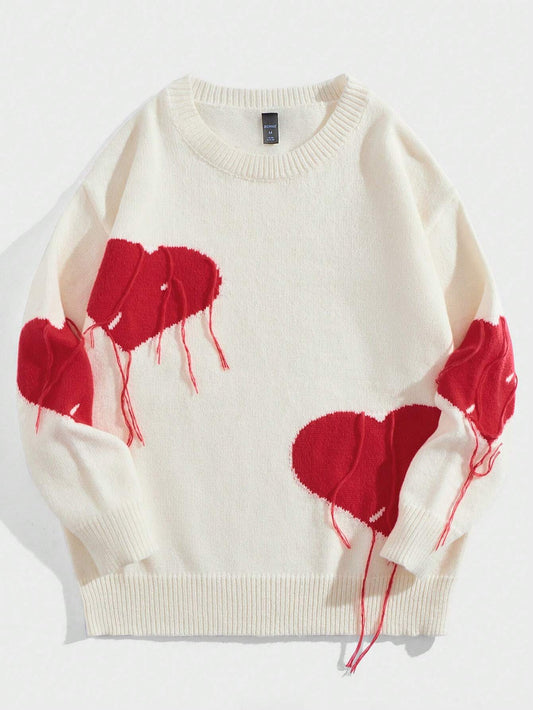 Street Life Men's Casual Sweater with Heart Printed Round Neckline
