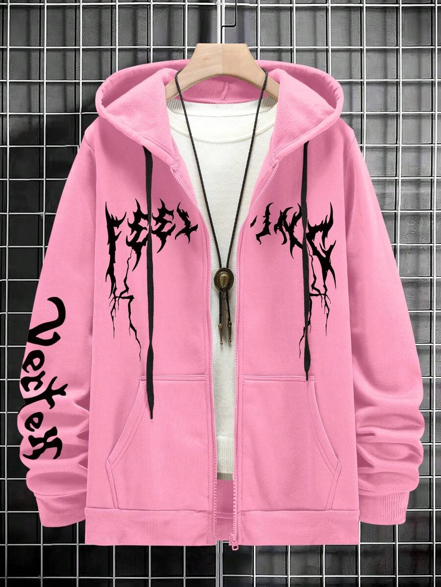 LEGND Men Letter Graphic Zip Up Drawstring Hoodie