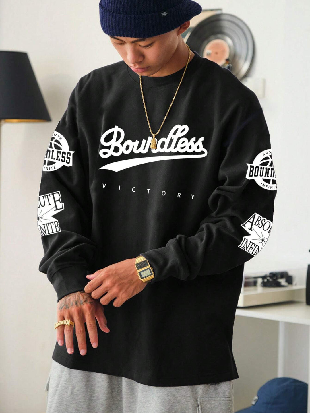 Sporsity  Loose Fit Long Sleeve T-Shirt, Crew Neck, Letter Printed - DUVAL