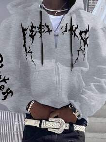 LEGND Men Letter Graphic Zip Up Drawstring Hoodie