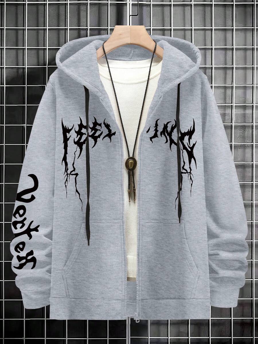 LEGND Men Letter Graphic Zip Up Drawstring Hoodie