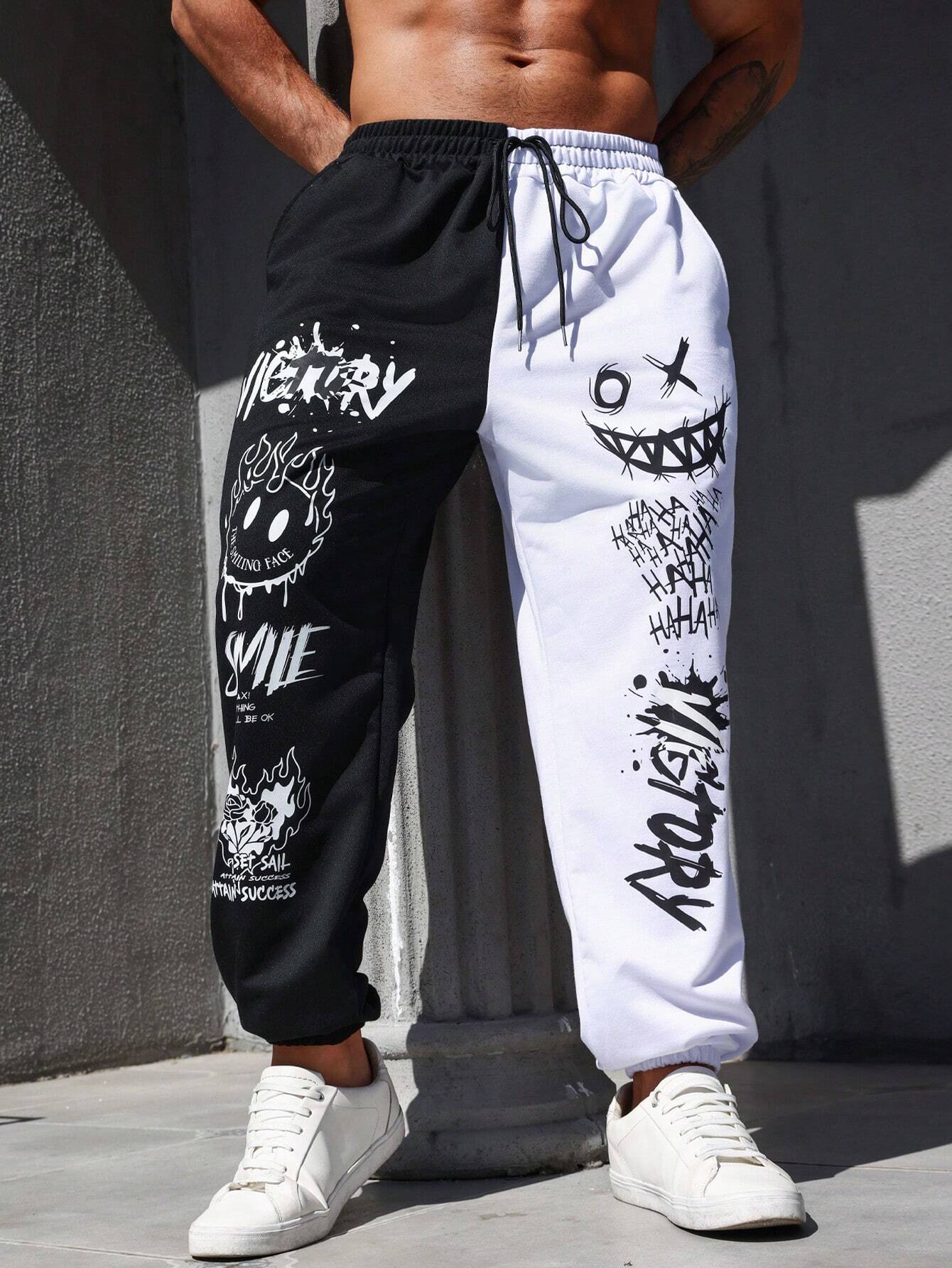 EMRG Men Plus Cartoon & Letter Graphic Two Tone Sweatpants