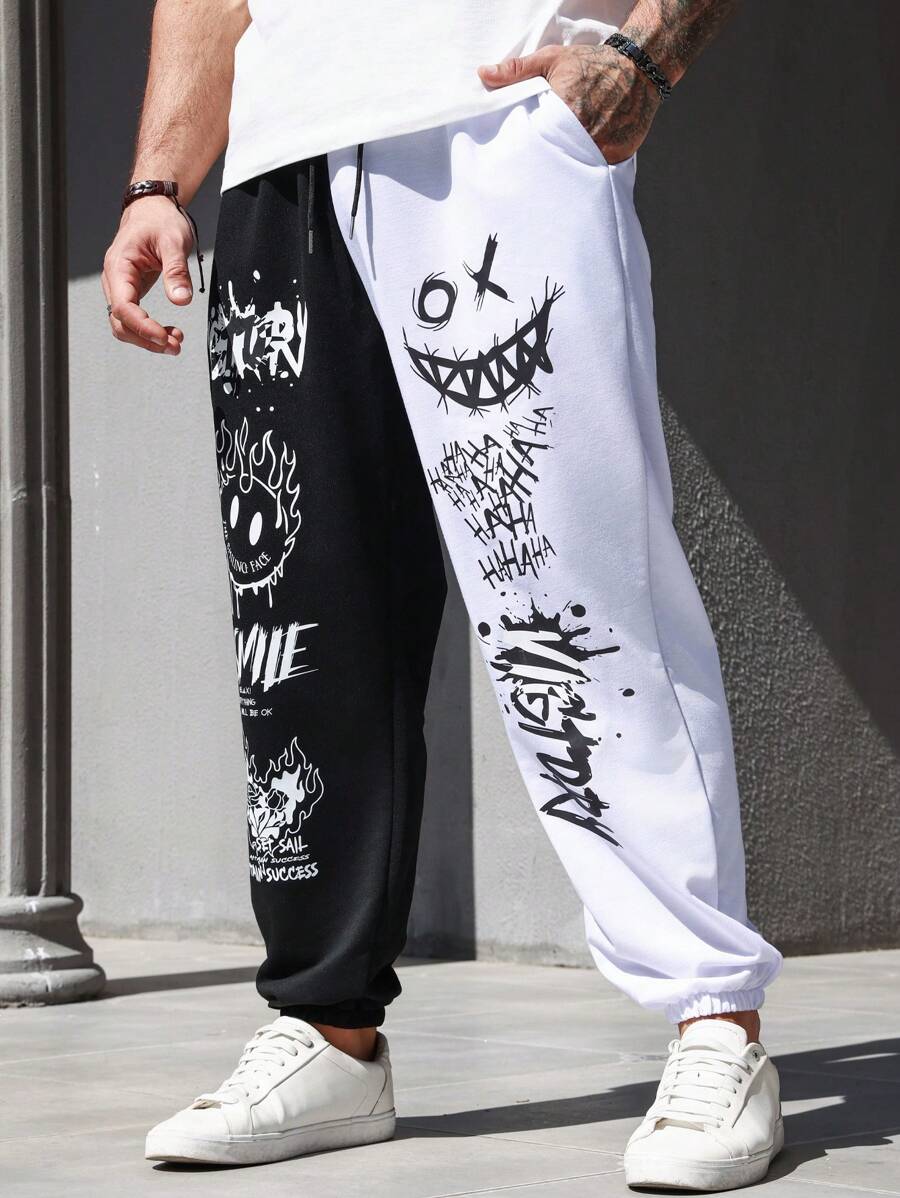 EMRG Men Plus Cartoon & Letter Graphic Two Tone Sweatpants