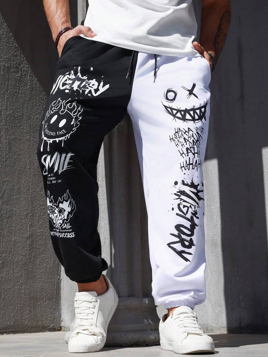 EMRG Men Plus Cartoon & Letter Graphic Two Tone Sweatpants