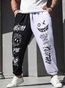 EMRG Men Plus Cartoon & Letter Graphic Two Tone Sweatpants