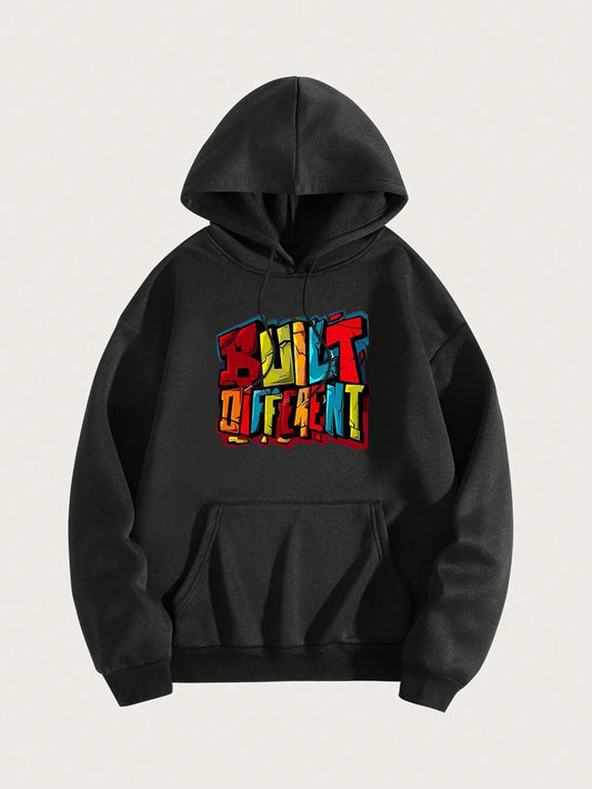 Letter Print Fleece Hoodie With Drawstring