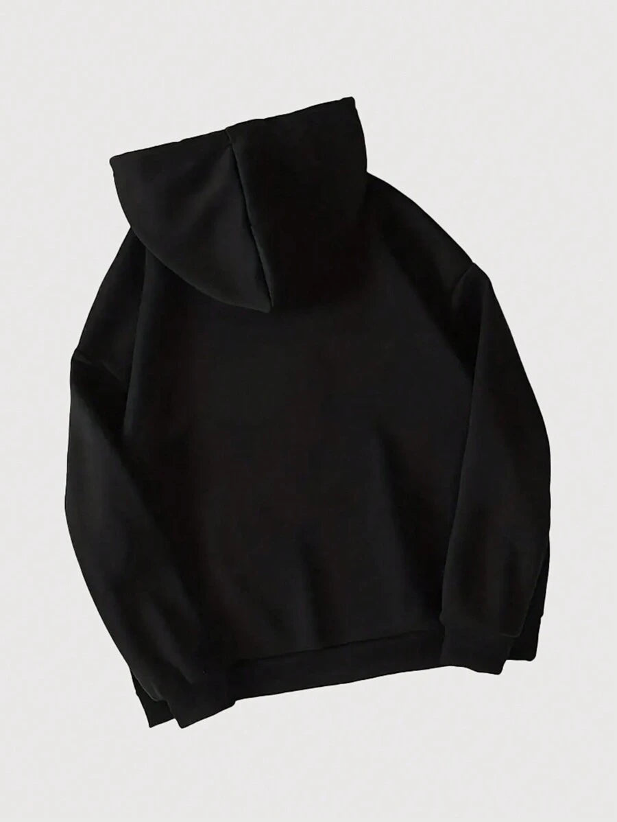Letter Print Fleece Hoodie With Drawstring - DUVAL