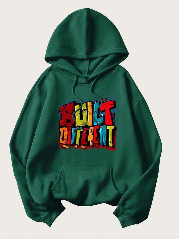 Letter Print Fleece Hoodie With Drawstring - DUVAL