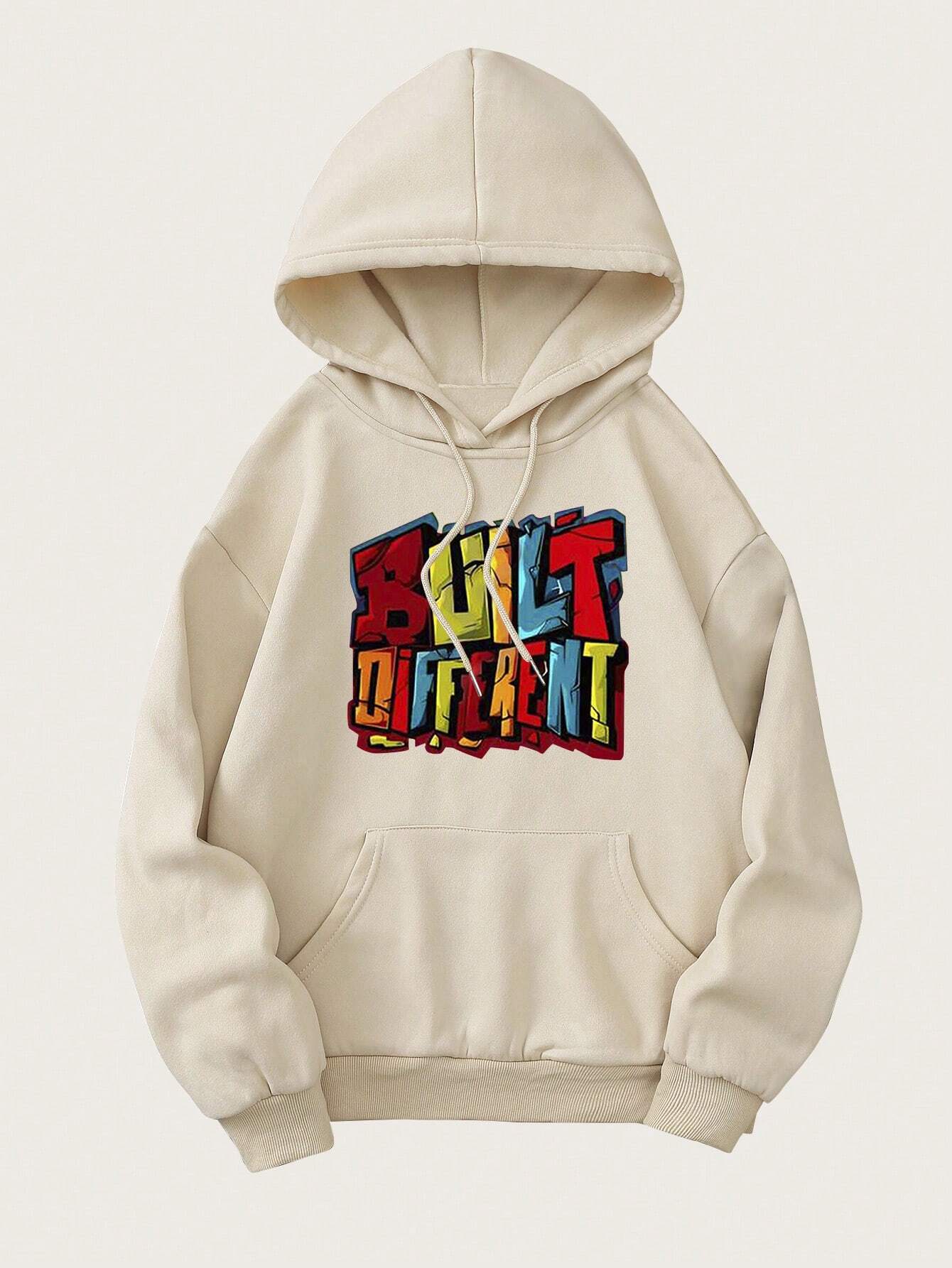 Letter Print Fleece Hoodie With Drawstring