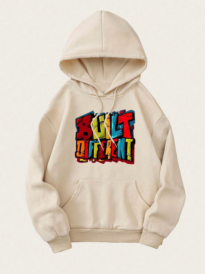 Letter Print Fleece Hoodie With Drawstring - DUVAL