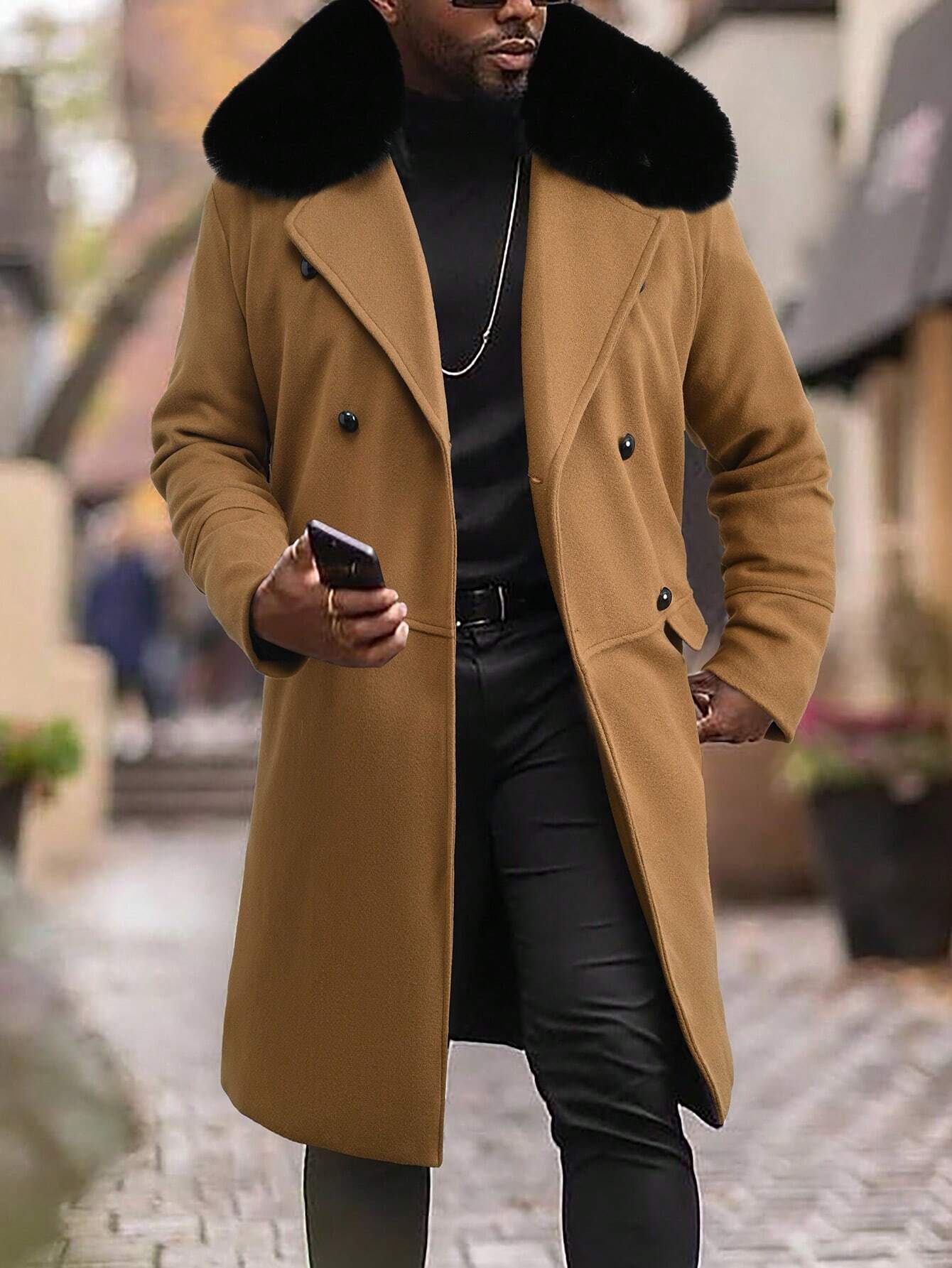 Homme  Woolen Coat With Double Breasted Buttons And Shearling Collar