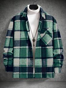 Homme Men Plaid Print Flap Pocket Drop Shoulder Jacket