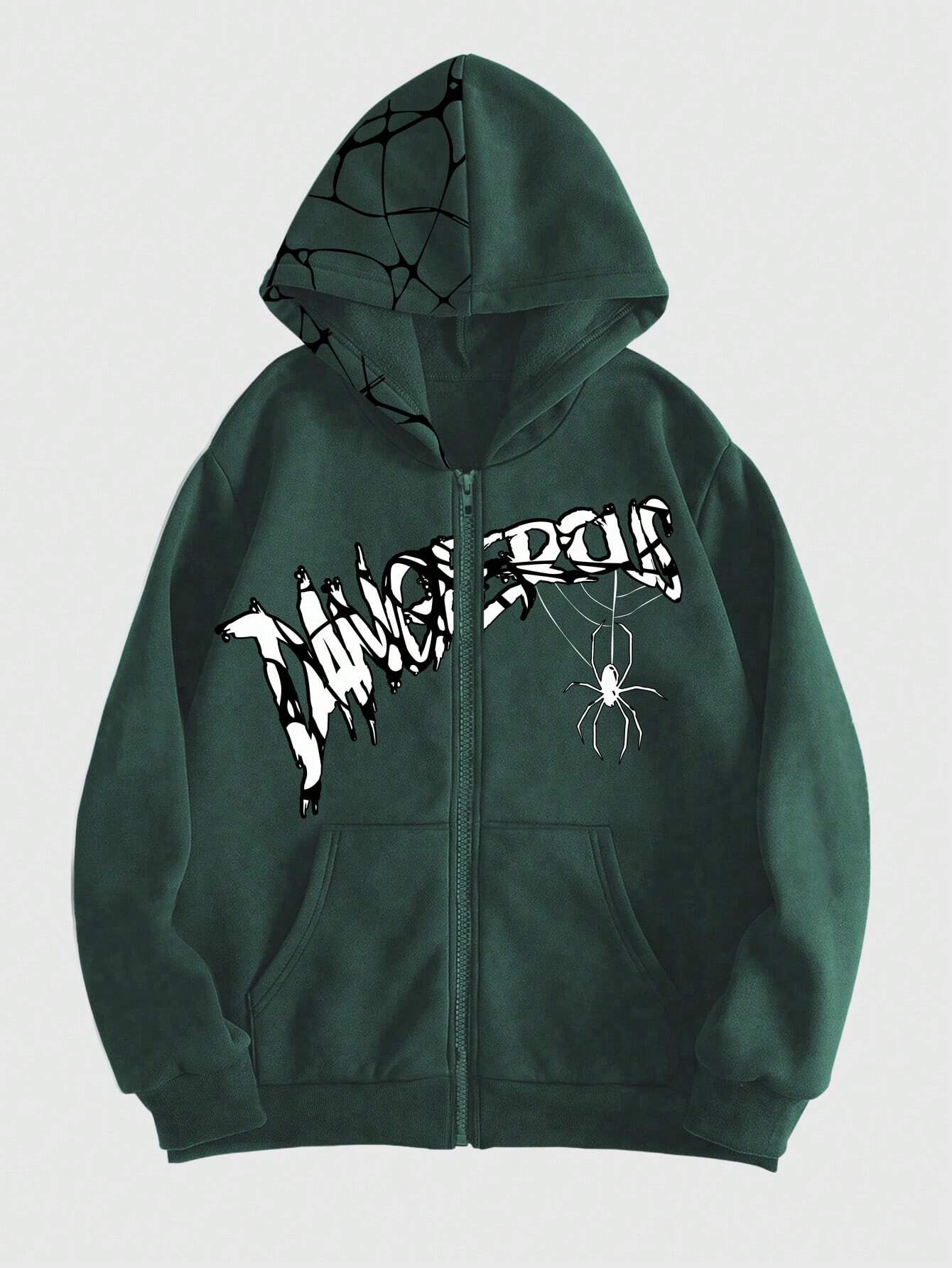 ROMWE Grunge Punk  Letter & Spider Printed Zipper Front Hooded Sweatshirt With Long Sleeves