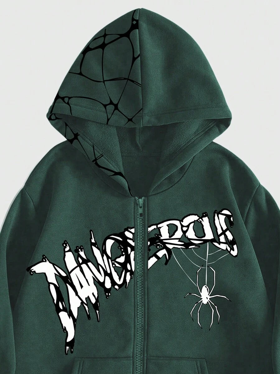 ROMWE Grunge Punk  Letter & Spider Printed Zipper Front Hooded Sweatshirt With Long Sleeves