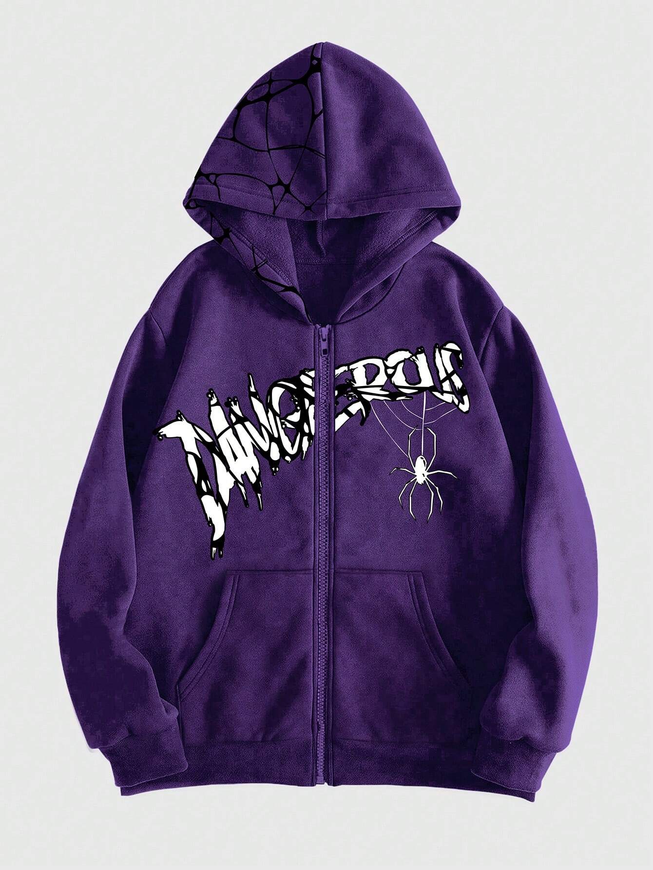 ROMWE Grunge Punk  Letter & Spider Printed Zipper Front Hooded Sweatshirt With Long Sleeves