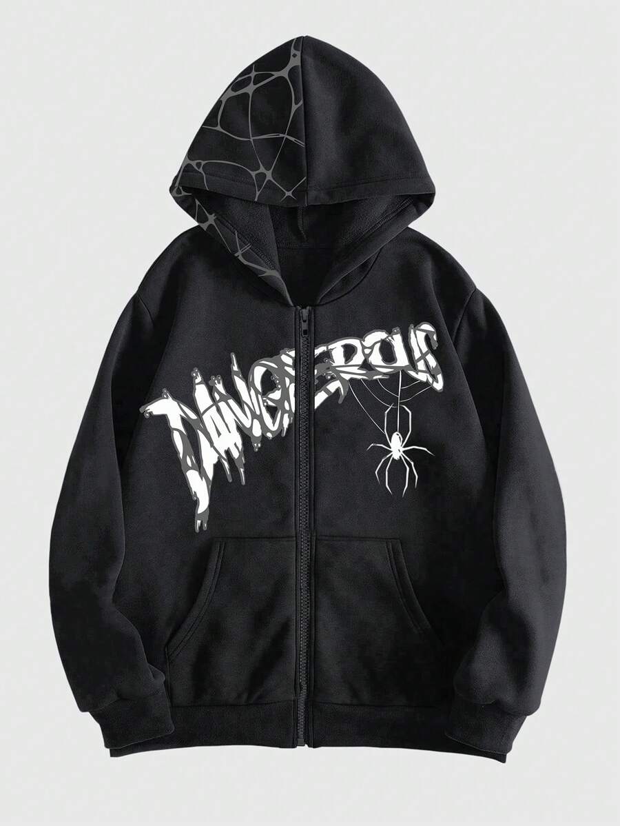 ROMWE Grunge Punk  Letter & Spider Printed Zipper Front Hooded Sweatshirt With Long Sleeves