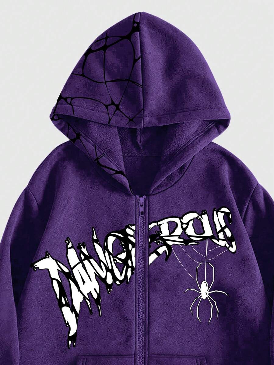 ROMWE Grunge Punk  Letter & Spider Printed Zipper Front Hooded Sweatshirt With Long Sleeves