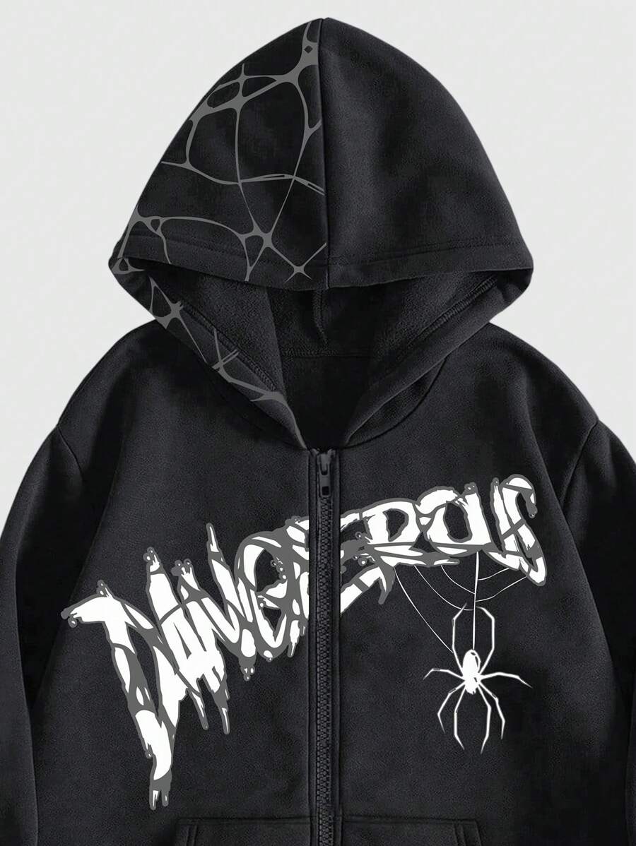 ROMWE Grunge Punk  Letter & Spider Printed Zipper Front Hooded Sweatshirt With Long Sleeves