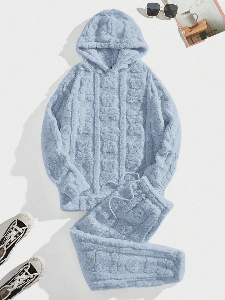 Homme  Bear Embossed Hoodie &amp; Drawstring Waist Sweatpants - DUVAL