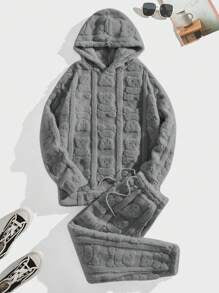 Homme  Bear Embossed Hoodie &amp; Drawstring Waist Sweatpants - DUVAL