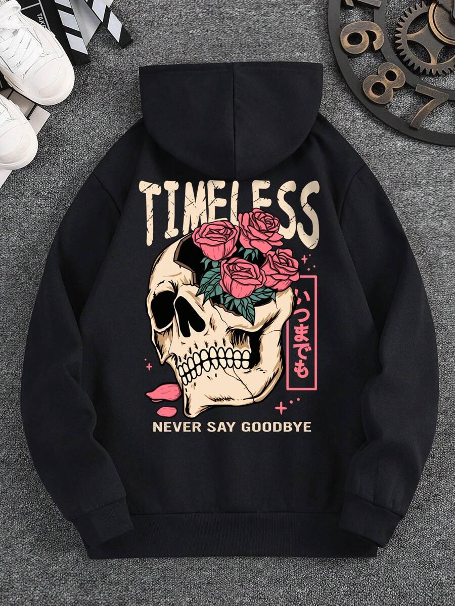 Hoodie With Slogan And Skull Print Pattern