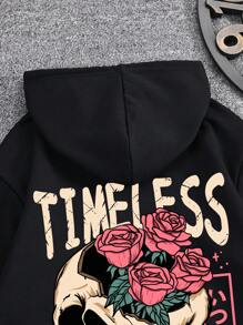 Hoodie With Slogan And Skull Print Pattern - DUVAL
