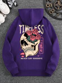 Hoodie With Slogan And Skull Print Pattern - DUVAL