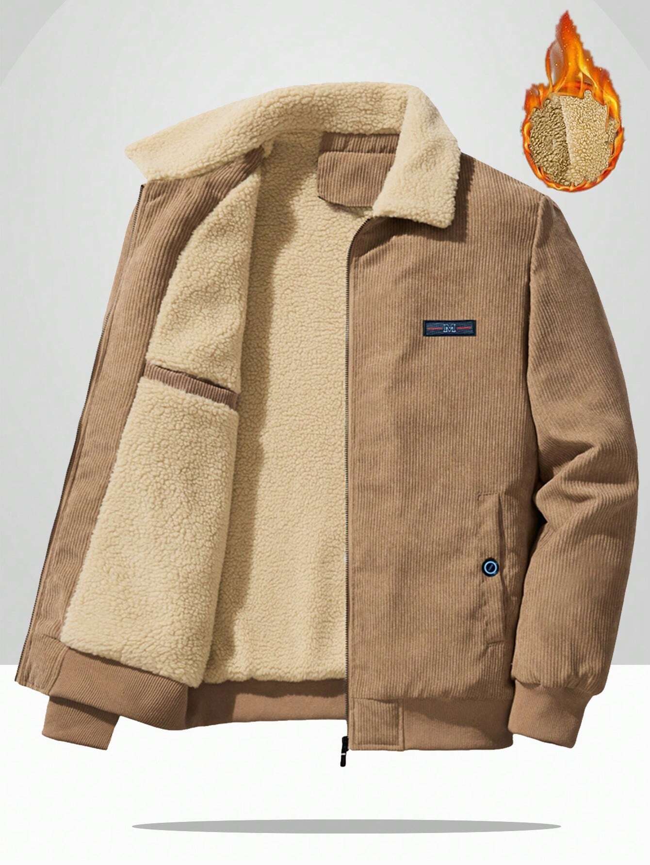 Homme Men Letter Patched Detail Teddy Lined Corduroy Jacket