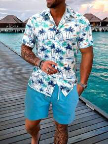 RSRT  Coconut Tree Printed Shirt And Solid Color Shorts Set