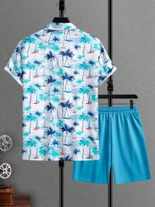 RSRT  Coconut Tree Printed Shirt And Solid Color Shorts Set