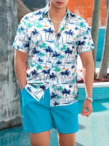 RSRT  Coconut Tree Printed Shirt And Solid Color Shorts Set