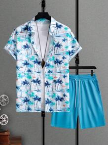 RSRT  Coconut Tree Printed Shirt And Solid Color Shorts Set