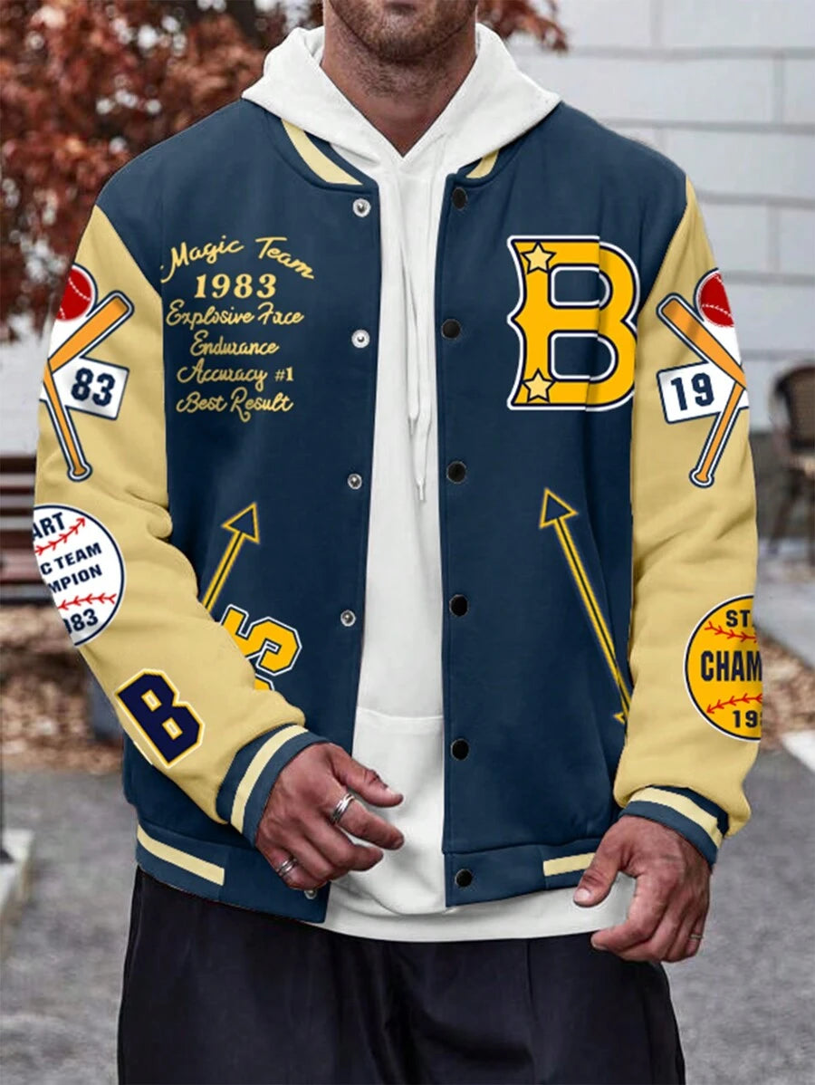 Plus Size Color Block Letter Pattern Button-Front Jacket - DUVAL