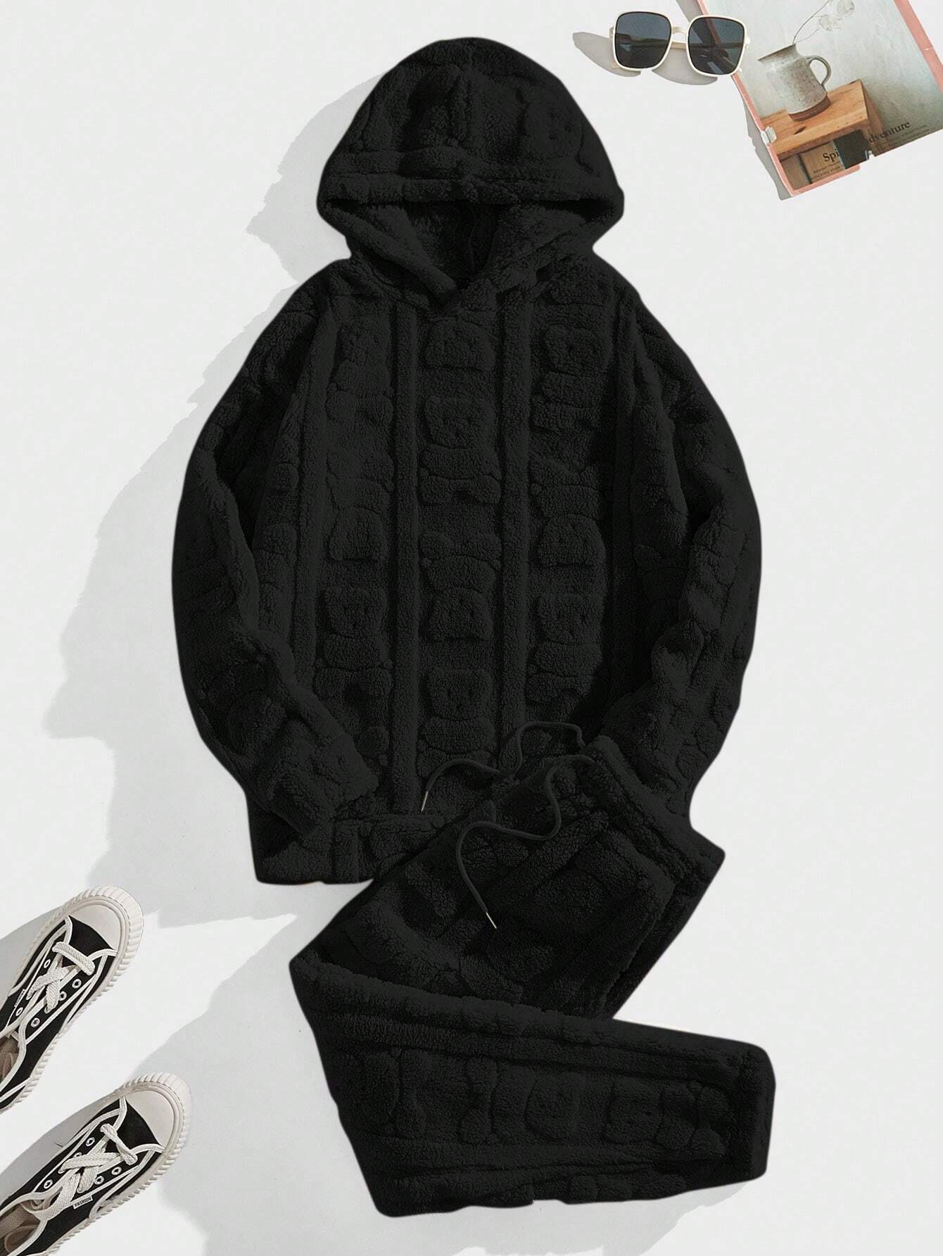 Homme Men Bear Embossed Hoodie & Drawstring Waist Sweatpants