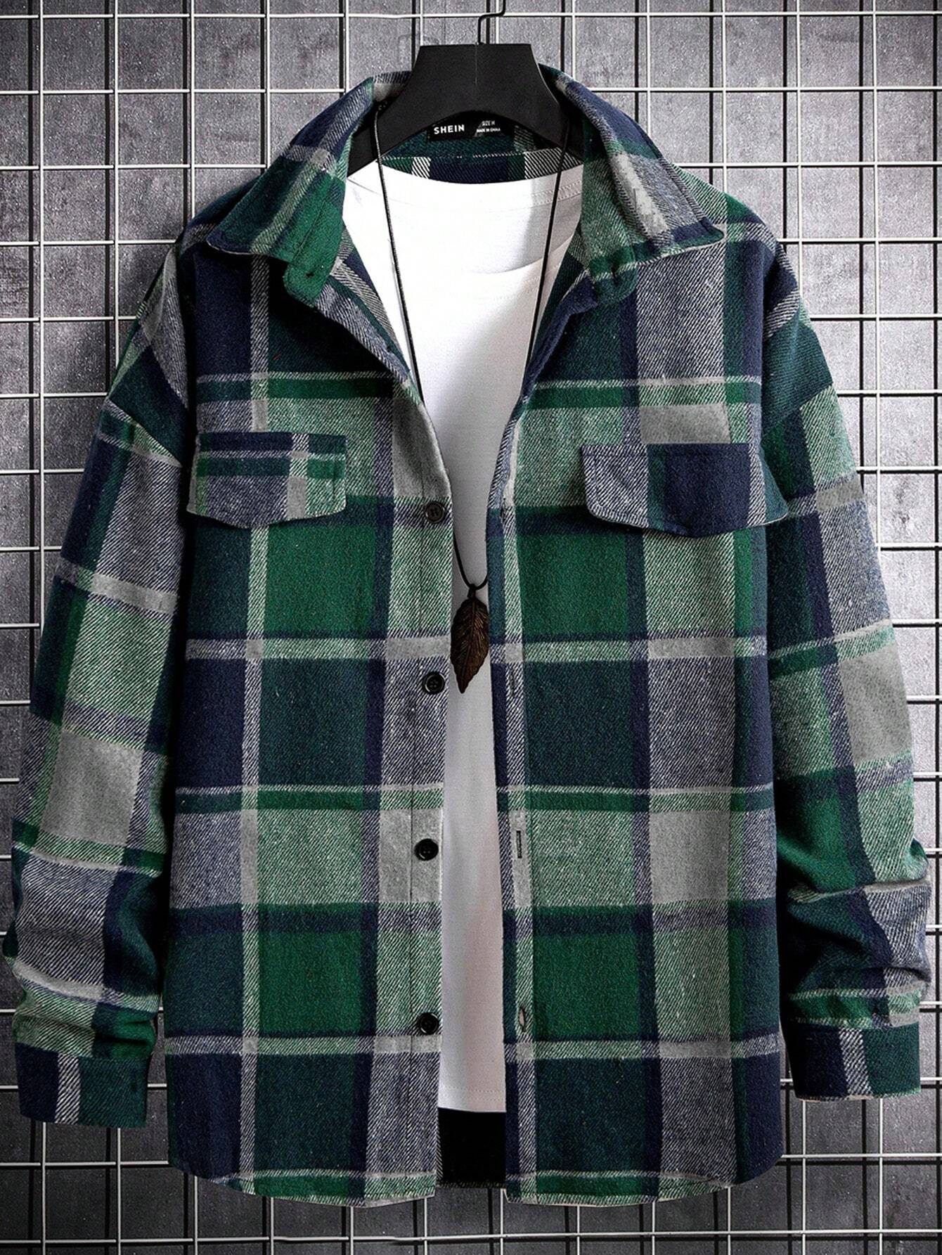 Homme Men Plaid Flap Detail Drop Shoulder Overcoat Without Tee