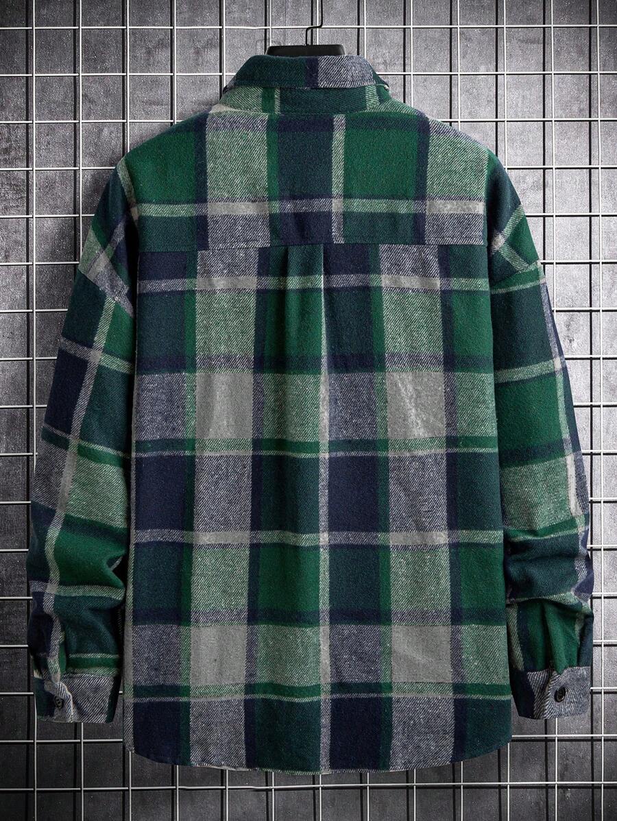 Homme Men Plaid Flap Detail Drop Shoulder Overcoat Without Tee