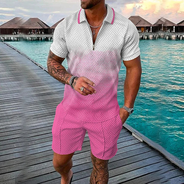 Fashion Gradient Polo Shirt And Shorts Co-Ord