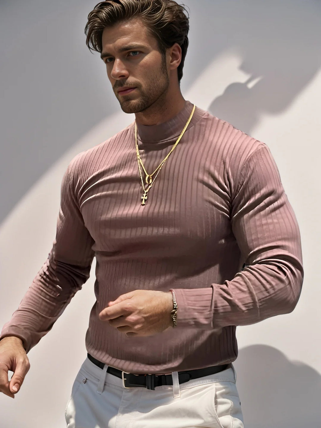 Stretch Rib Jersey Mockneck Long Sleeves T-shirt - DUVAL