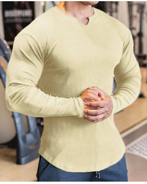 Muscle Fit V-Neck Long Sleeve Cotton Rib Knit T-Shirt