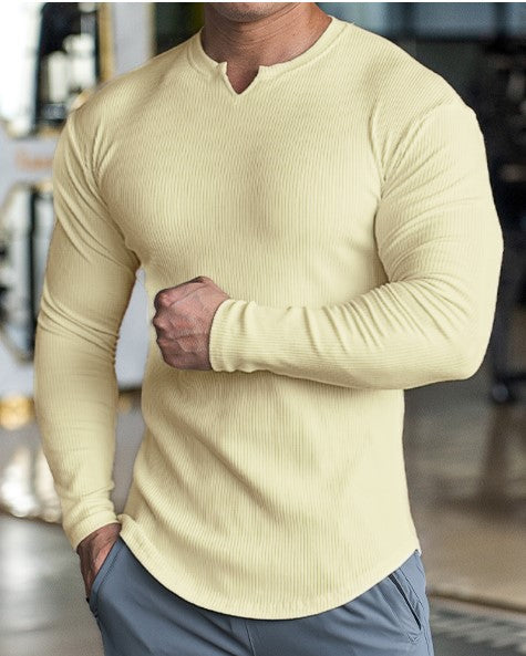 Muscle Fit V-Neck Long Sleeve Cotton Rib Knit T-Shirt