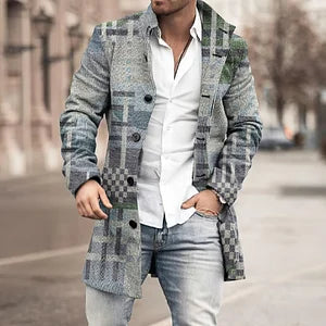 Stand Collar Geometric Striped Weave Print Coat - DUVAL