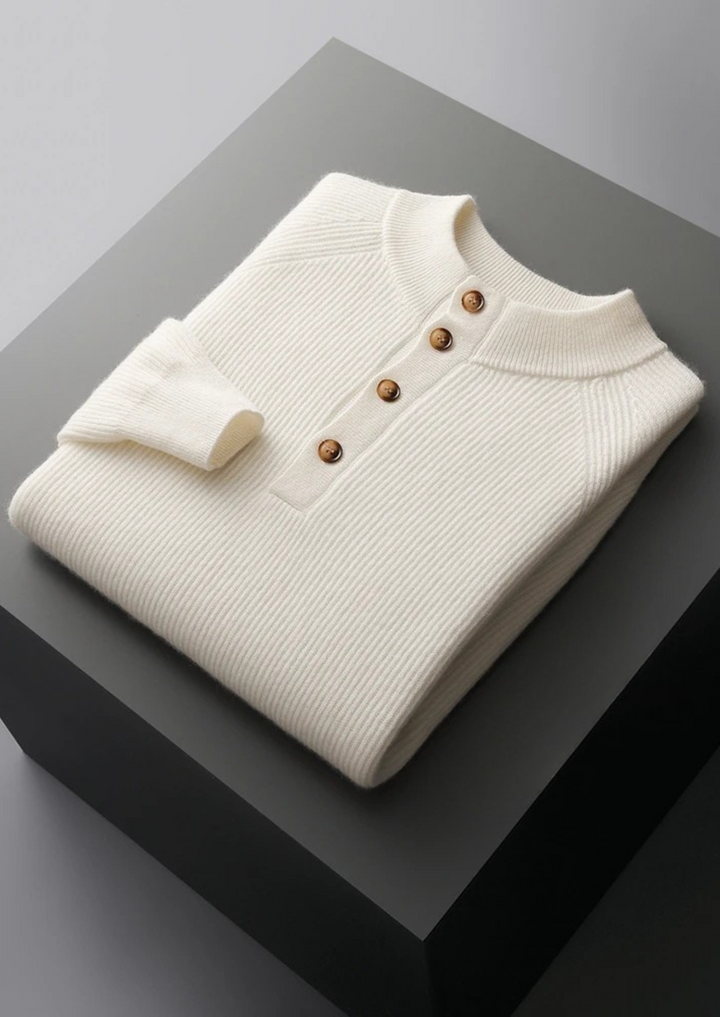 Premium Cashmere Classic Ribbed Henley Sweater