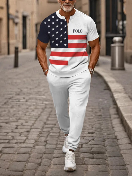 Zipper Short Sleeve Long Pants Two-Piece Set