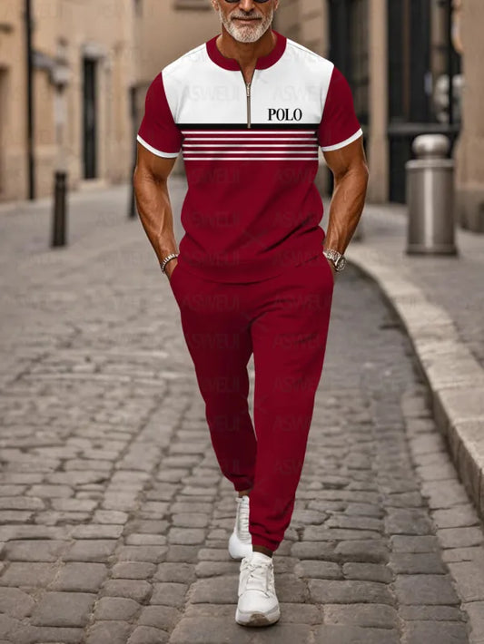 Zipper Short Sleeve Long Pants Two-Piece Set